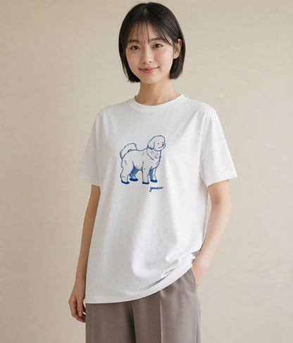 半袖Tシャツ レディース ビションフリーゼ 犬 いぬ イラスト 北欧風 海 カフェ巡り 白T