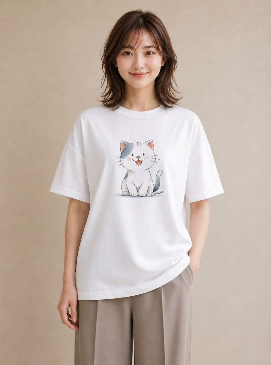 Tシャツ レディース ねこ 猫 ネコ イラスト きれいめ 20代 カジュアルコーデ 白T