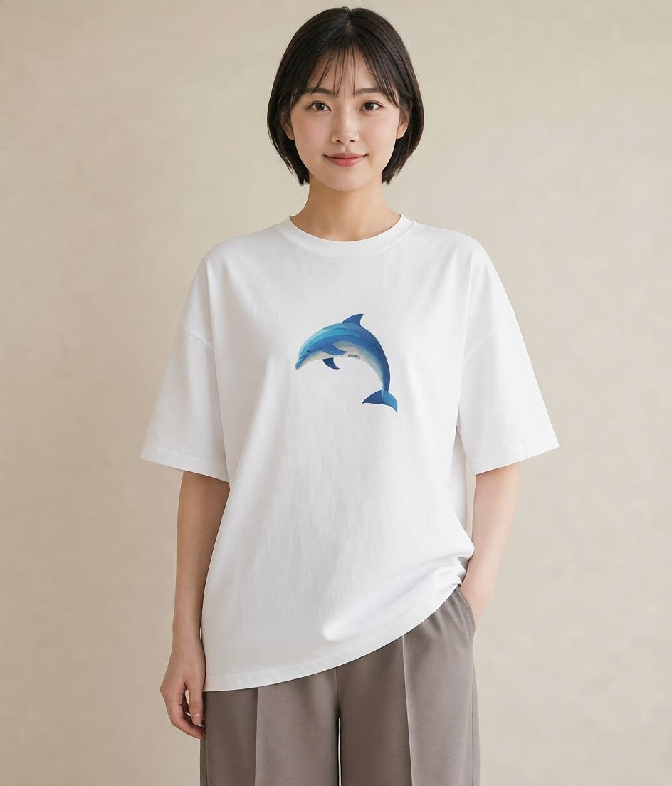 プリントTシャツ レディース イルカ 海の生き物 海 イラスト きれいめカジュアル 買い物 夏コーデ 白T