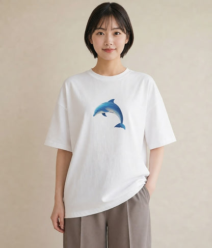 プリントTシャツ レディース イルカ 海の生き物 海 イラスト きれいめカジュアル 買い物 夏コーデ 白T