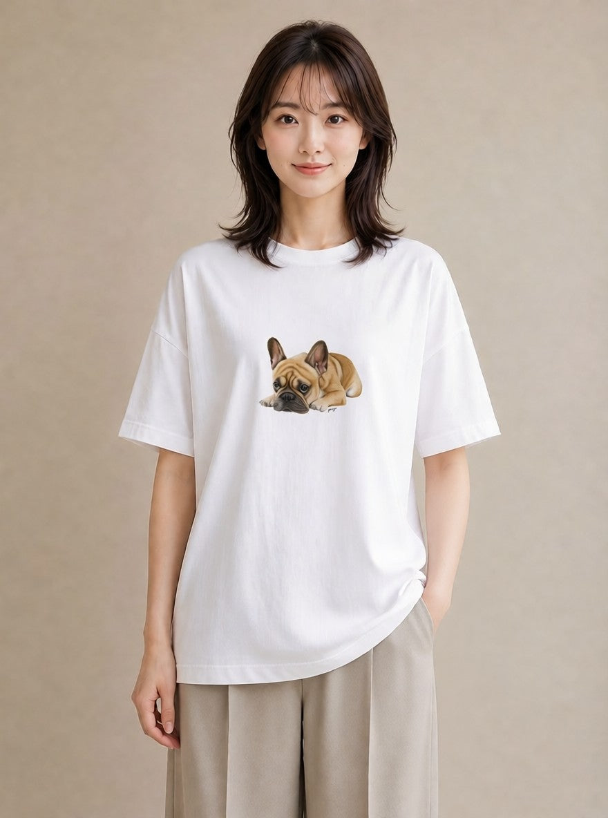 デザインTシャツ レディース フレンチブルドッグ フレブル 犬 いぬ イラスト カフェコーデ 誕生日プレゼント 綿100 白T