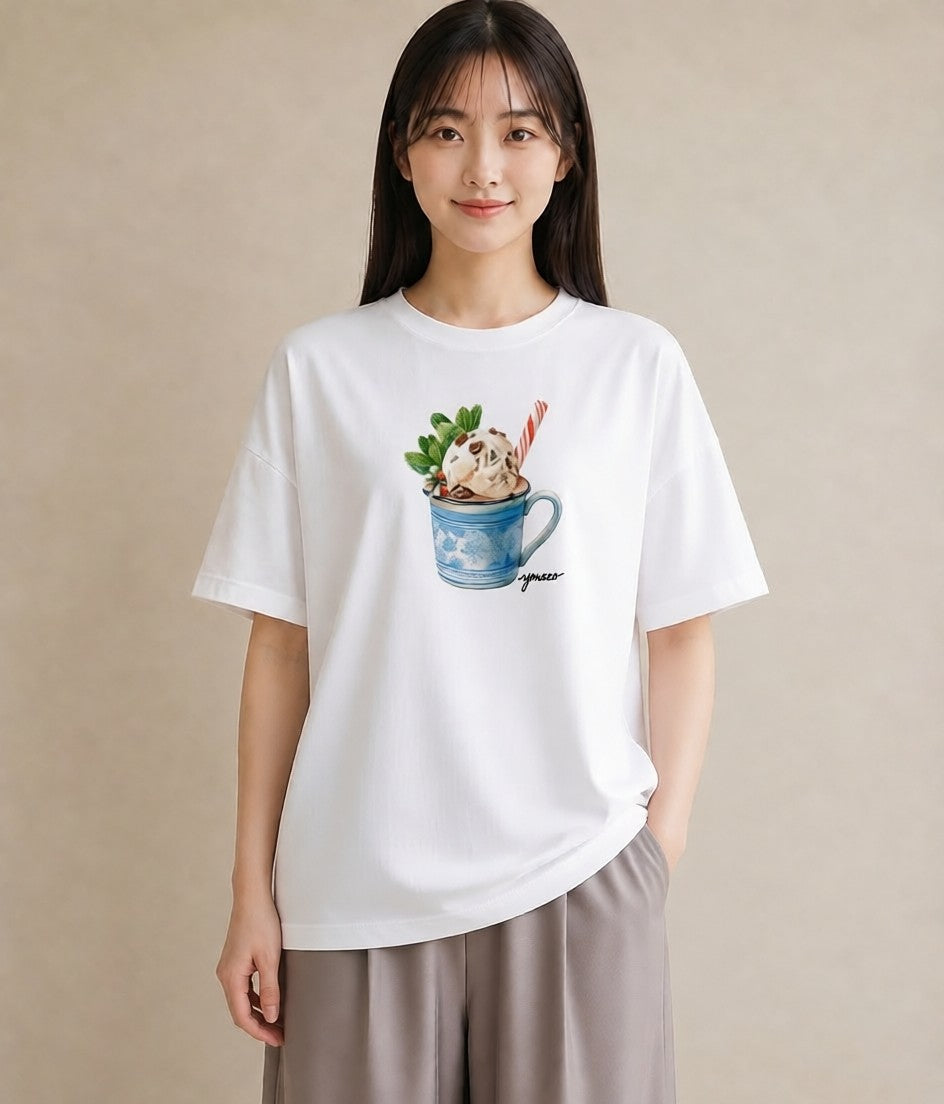 グラフィックTシャツ レディース パフェ 食べ物 フード イラスト フェミニン デイリーウェア 休日 白T