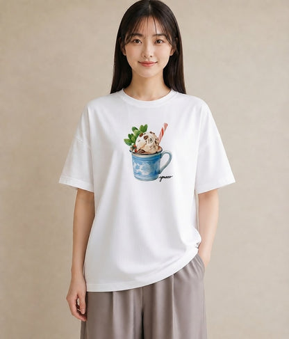 グラフィックTシャツ レディース パフェ 食べ物 フード イラスト フェミニン デイリーウェア 休日 白T