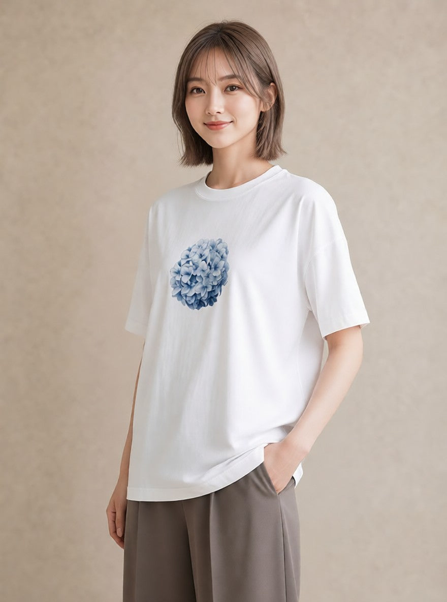 グラフィックTシャツ レディース あじさい 紫陽花 アジサイ 花 花柄 イラスト お洒落 通勤 在宅 白T