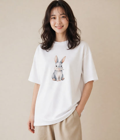 グラフィックTシャツ レディース ミニうさぎ ペット 動物 イラスト 淡色 誕生日プレゼント 綿100 白T