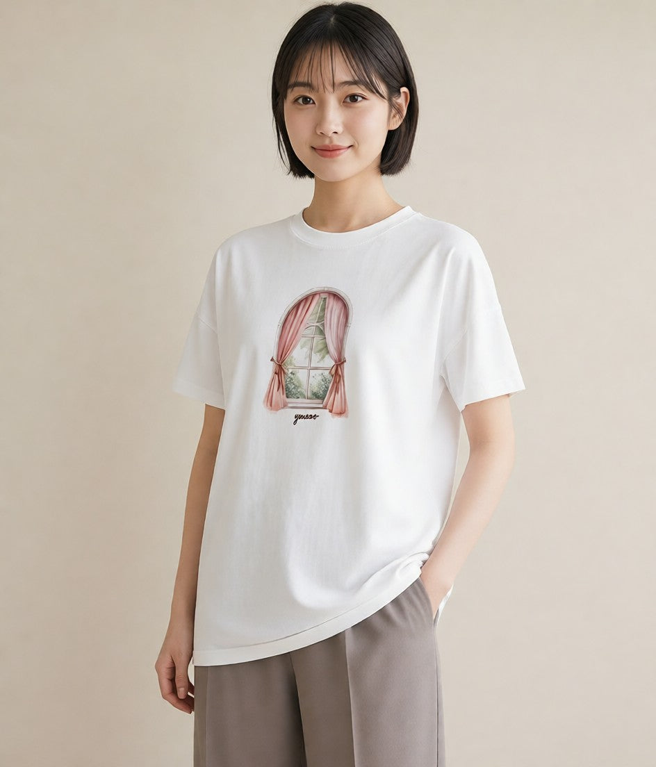 プリントTシャツ レディース 夕暮れ バルコニー 夕焼け ナチュラル アンティーク イラスト 休日コーデ 帰省 ラフ 白T