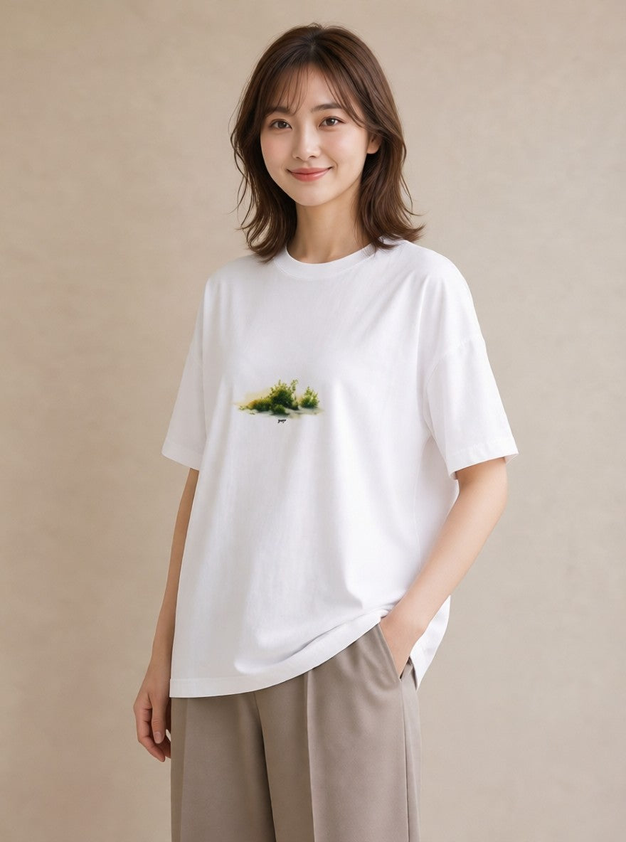プリントTシャツ レディース 小川 橋 せせらぎ ナチュラル アンティーク イラスト 普段使い 海 カフェ巡り 白T