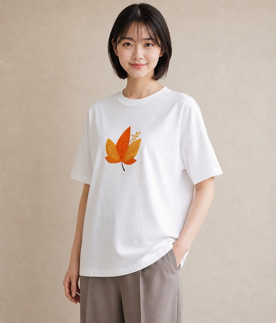 デザインTシャツ レディース 落ち葉 植物 ボタニカル イラスト 旅行コーデ 母娘コーデ 自分用 白T
