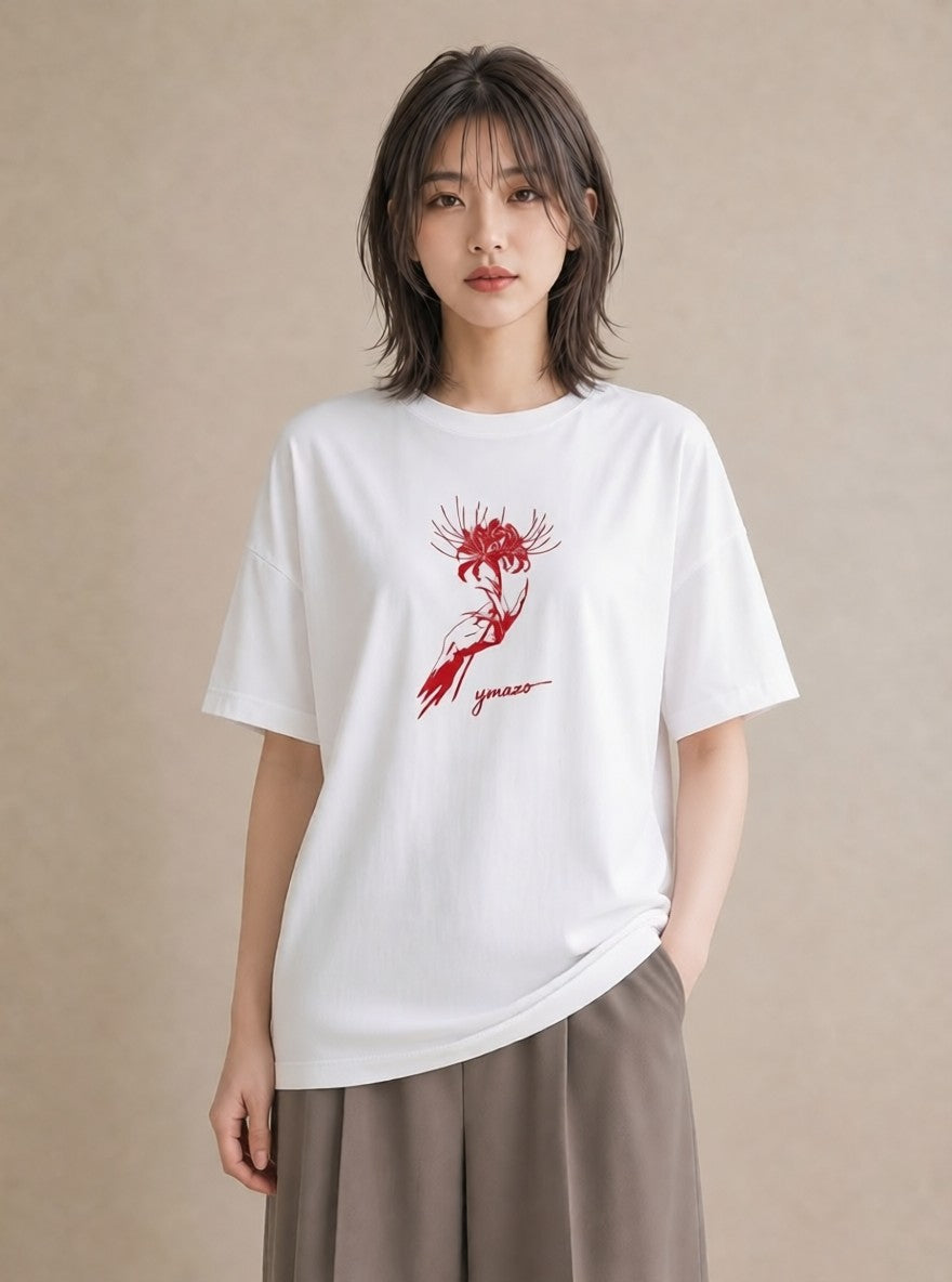 プリントTシャツ レディース 彼岸花 花 花柄 イラスト カジュアル クリスマス 旅行 白T