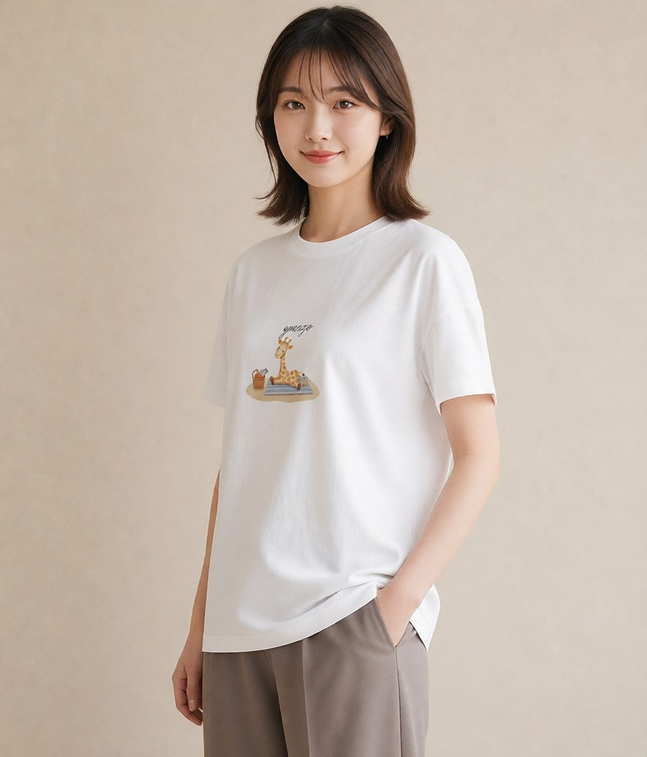 プリントTシャツ レディース きりん 動物 アニマル イラスト 友達ギフト 部屋着 白T