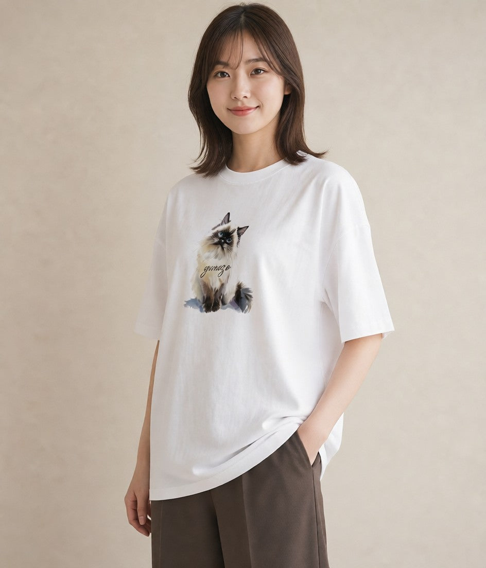 デザインTシャツ レディース ブリティッシュショートヘア 猫 ねこ イラスト シック ミセス 春コーデ 白T