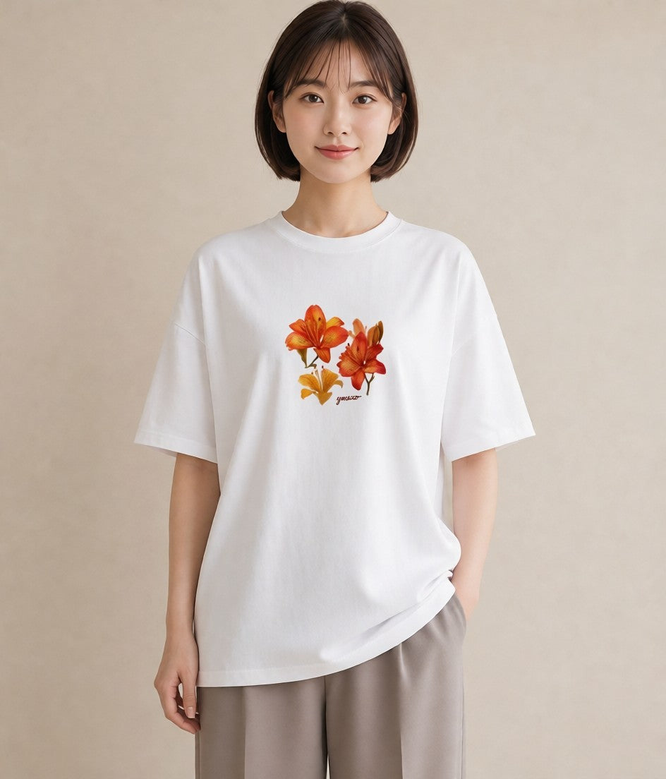 デザインTシャツ レディース ゆり 百合 花 花柄 イラスト 個性的 海 カフェ巡り 白T