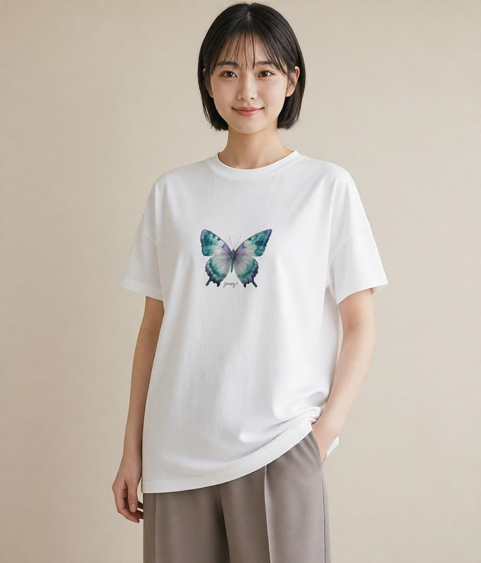 グラフィックTシャツ レディース ちょうちょ 蝶 バタフライ 昆虫 虫 イラスト 上品 部屋着 女性向けギフト 白T