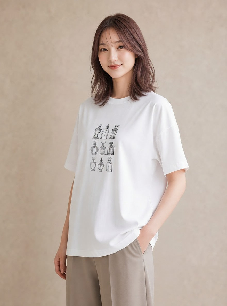 デザインTシャツ レディース 香水 香水瓶 パフューム イラスト ポップ 20代 カジュアルコーデ 白T