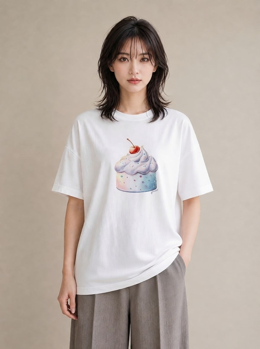 Tシャツ レディース プリン 食べ物 フード イラスト モード 公園 ママ 白T