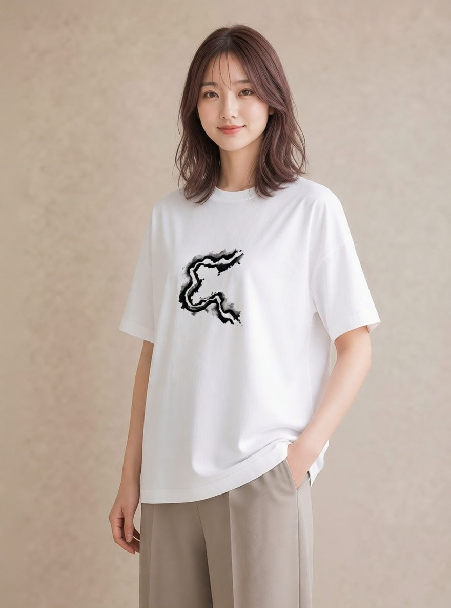 グラフィックTシャツ レディース 小川 橋 せせらぎ ナチュラル アンティーク イラスト シンプル 帰省 ラフ 白T