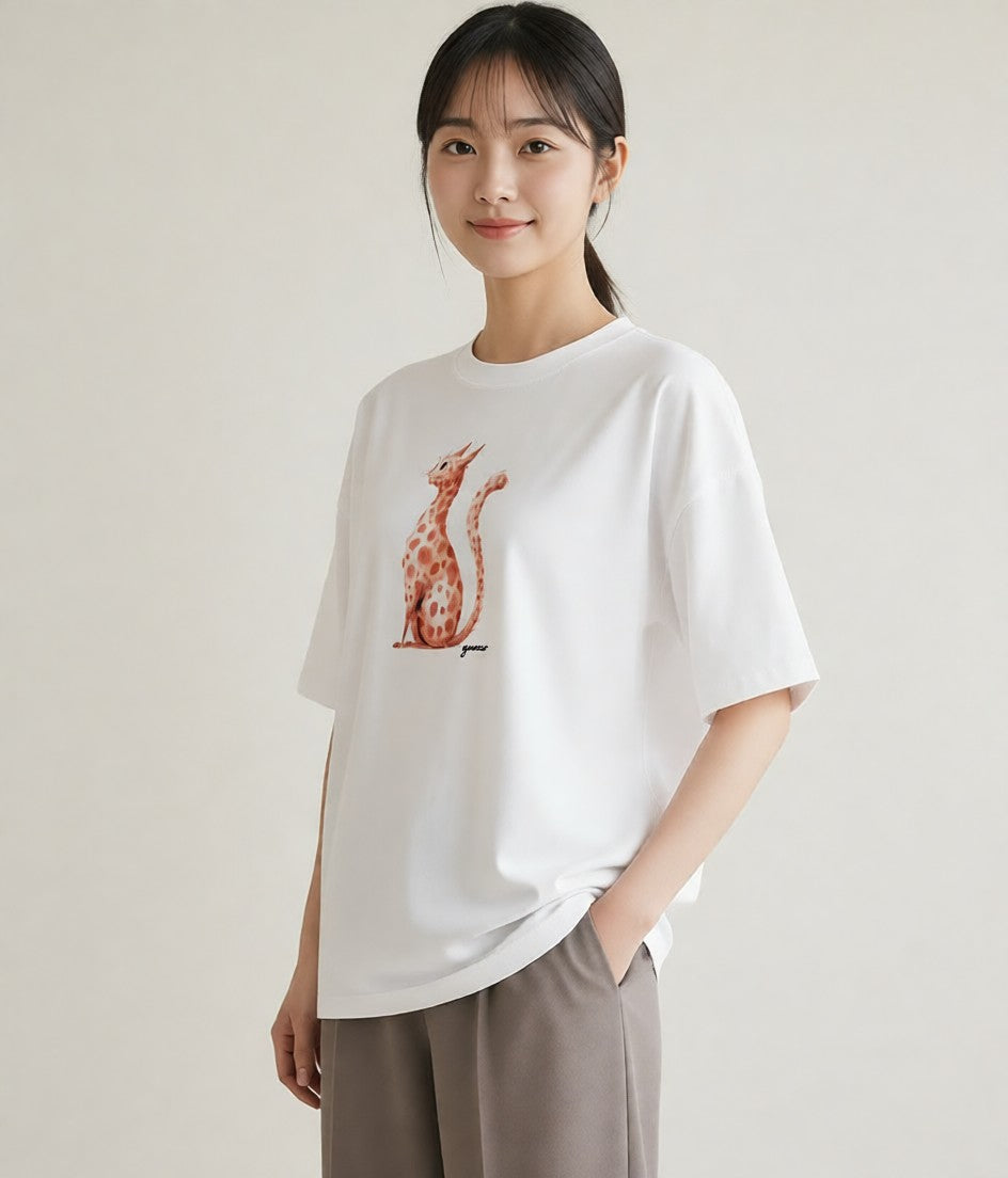 グラフィックTシャツ レディース 茶トラ 茶猫 猫 ねこ イラスト ガーリー 夏コーデ 通学 白T