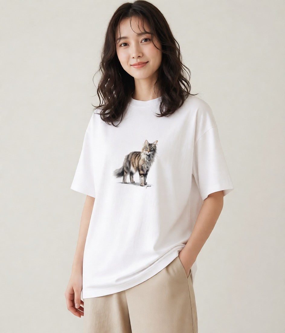 グラフィックTシャツ レディース メインクーン 猫 ねこ イラスト 秋コーデ おしゃれギフト 白T