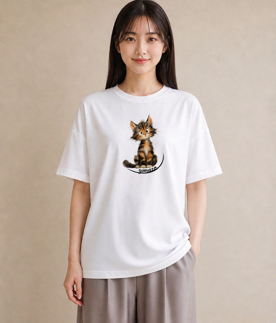 デザインTシャツ レディース サバトラ 猫 ねこ イラスト ラフ 海 カフェ巡り 白T