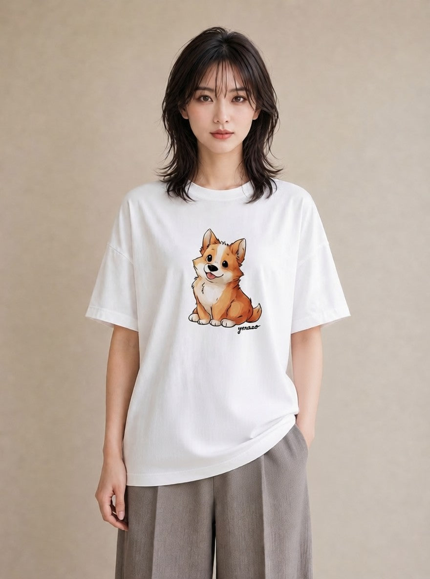プリントTシャツ レディース ウェルシュコーギー コーギー 犬 いぬ イラスト ヴィンテージ風 旅行用 海 白T