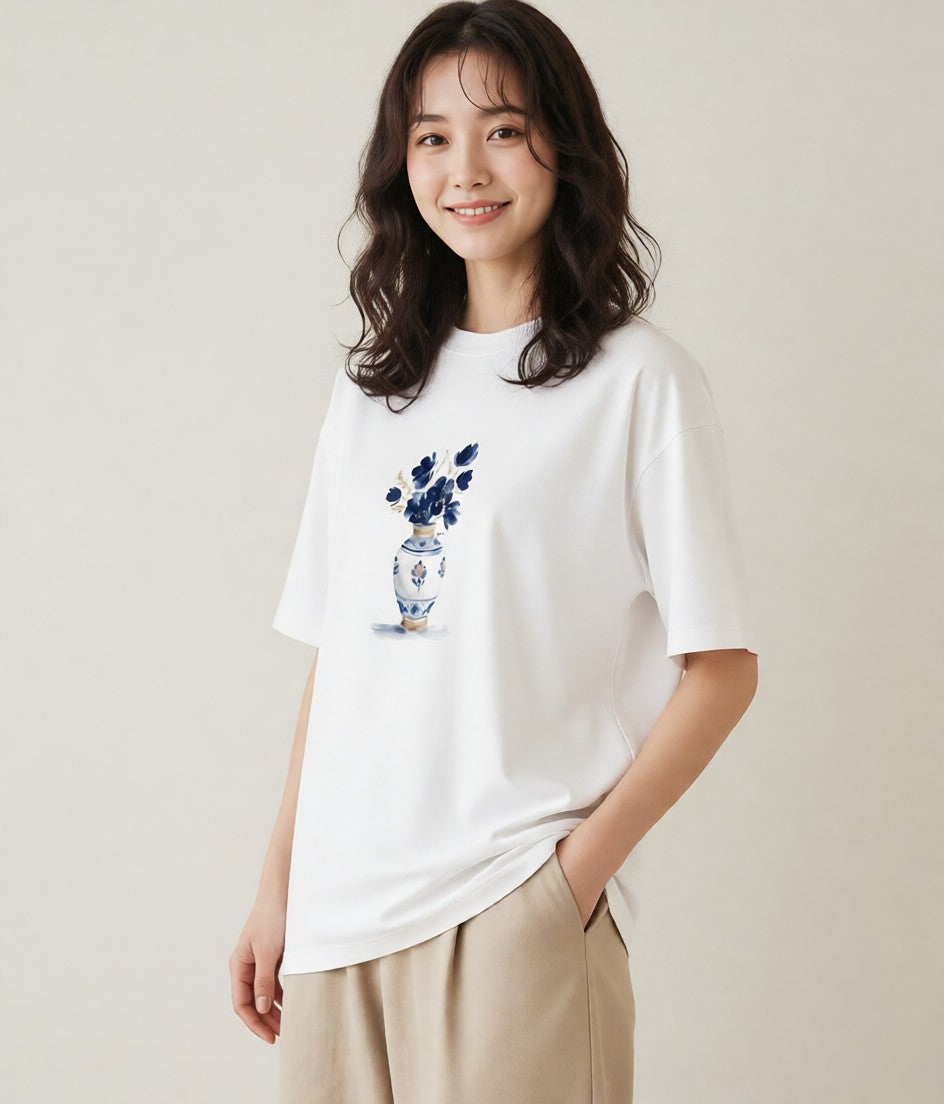 半袖Tシャツ レディース 夕暮れ バルコニー 夕焼け ナチュラル アンティーク イラスト デイリーウェア 休日 白T