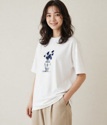 半袖Tシャツ レディース 夕暮れ バルコニー 夕焼け ナチュラル アンティーク イラスト デイリーウェア 休日 白T