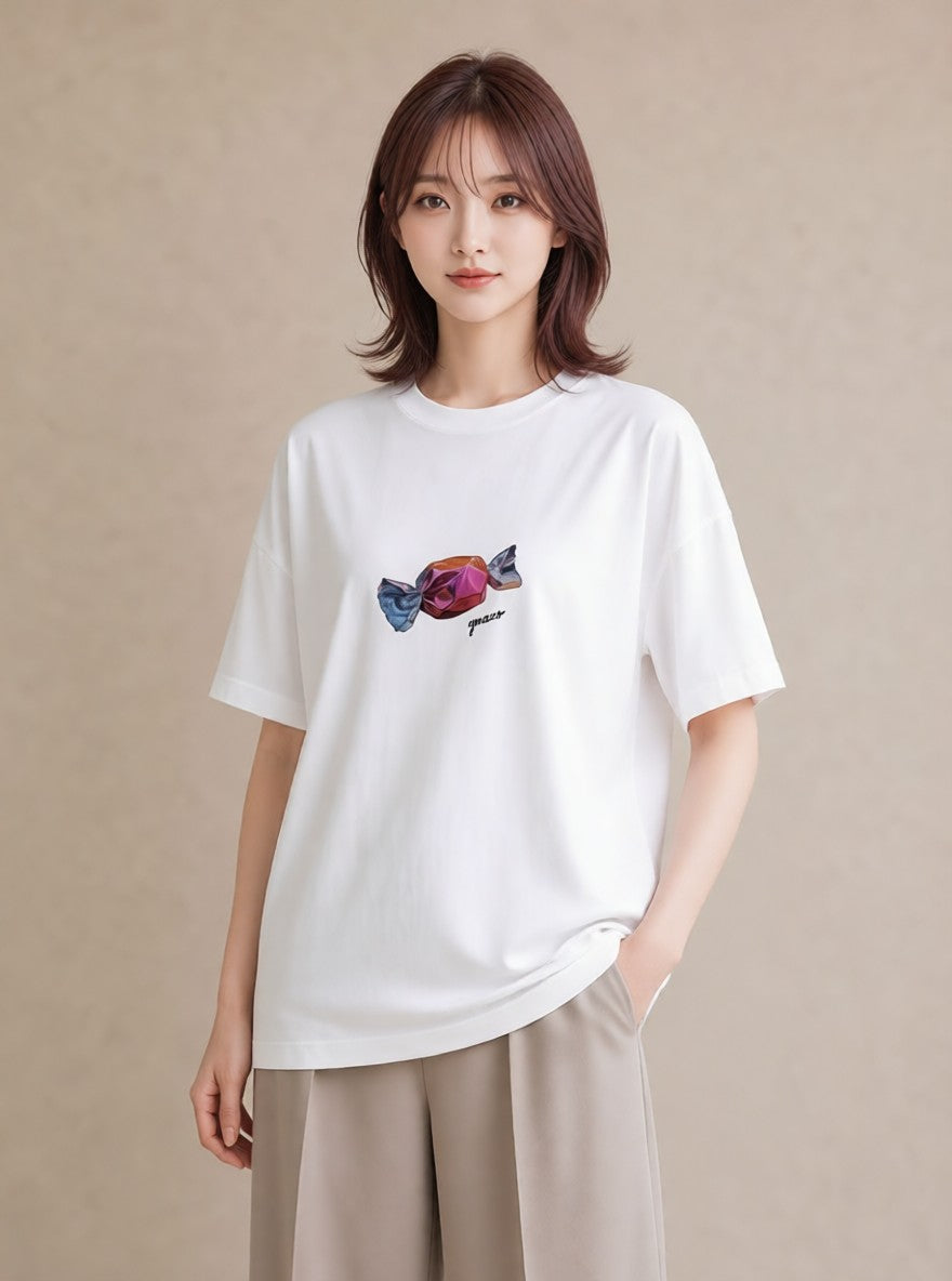 デザインTシャツ レディース キャンディ 食べ物 フード イラスト 韓国風 カフェ巡り 女子会 白T