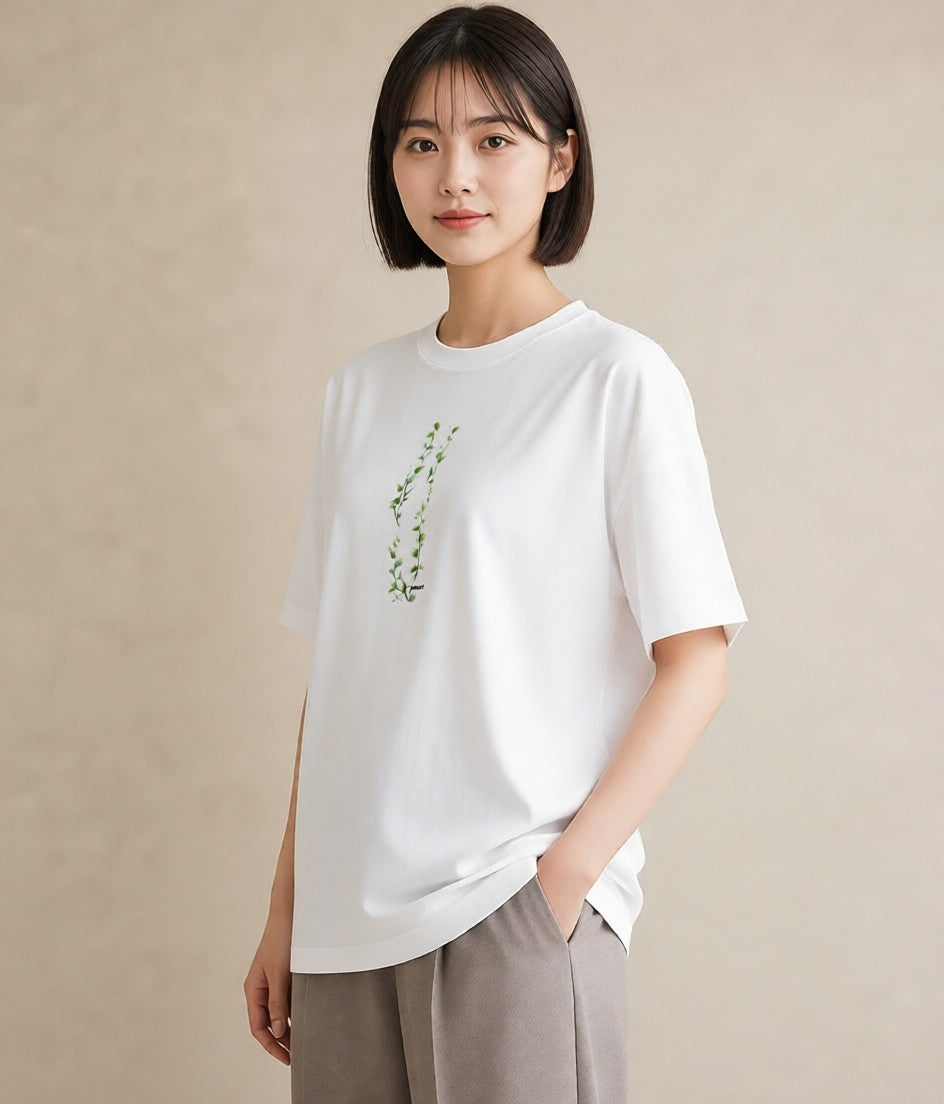 プリントTシャツ レディース 葉っぱ 植物 ボタニカル イラスト 韓国風 散歩 お出かけ 白T