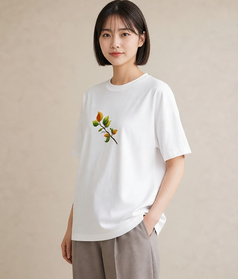 グラフィックTシャツ レディース 落ち葉 植物 ボタニカル イラスト シック 20代 カジュアルコーデ 白T