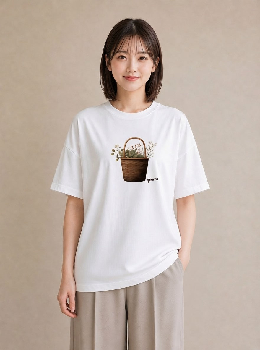 プリントTシャツ レディース 自転車のかご 自転車 花かご ナチュラル アンティーク イラスト 社会人 女性 白T