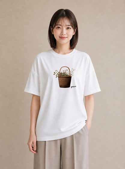 プリントTシャツ レディース 自転車のかご 自転車 花かご ナチュラル アンティーク イラスト 社会人 女性 白T