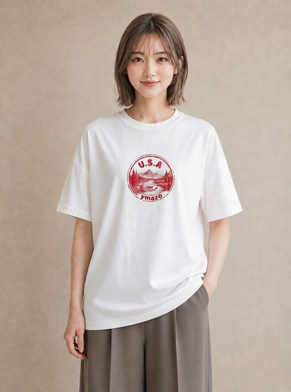 グラフィックTシャツ レディース 旅 トラベル スタンプ イラスト 韓国風 カジュアルコーデ 買い物 白T
