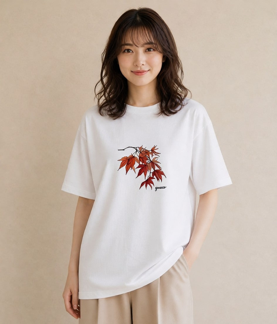 半袖Tシャツ レディース 落ち葉 植物 ボタニカル イラスト 個性的 買い物 夏コーデ 白T