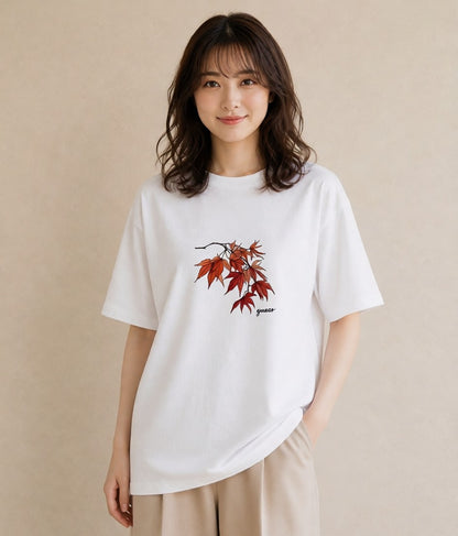 半袖Tシャツ レディース 落ち葉 植物 ボタニカル イラスト 個性的 買い物 夏コーデ 白T