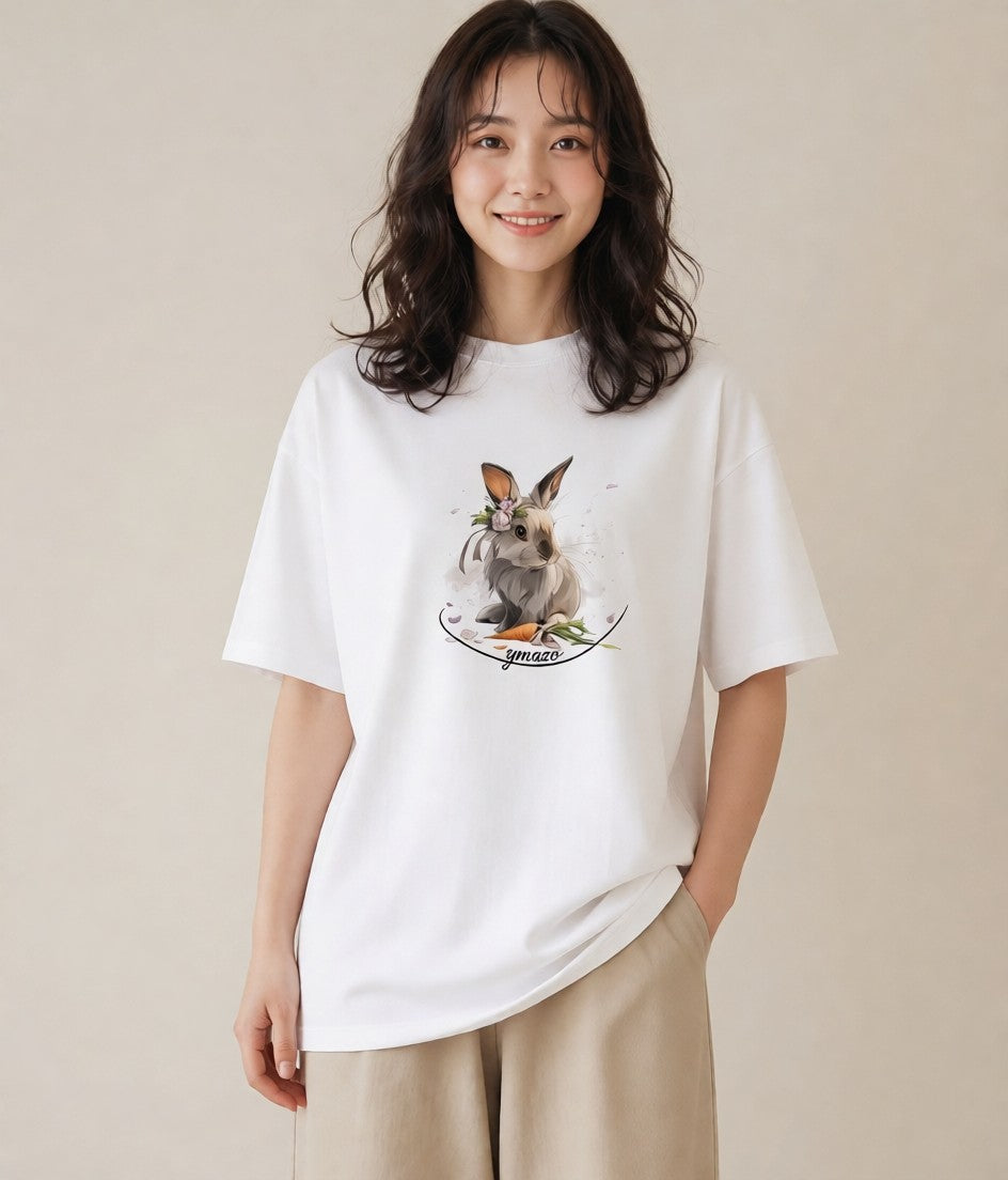 半袖Tシャツ レディース ウサギ系野生 動物 アニマル イラスト ナチュラル ホワイトデー 春服 白T
