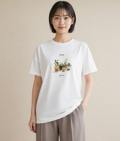 半袖Tシャツ レディース 多肉植物 植物 ボタニカル イラスト 線画 ホワイトデー 春服 白T