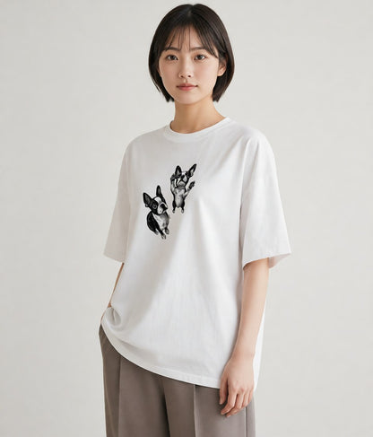 半袖Tシャツ レディース ボストンテリア 犬 いぬ イラスト ヴィンテージ風 秋コーデ おしゃれギフト 白T