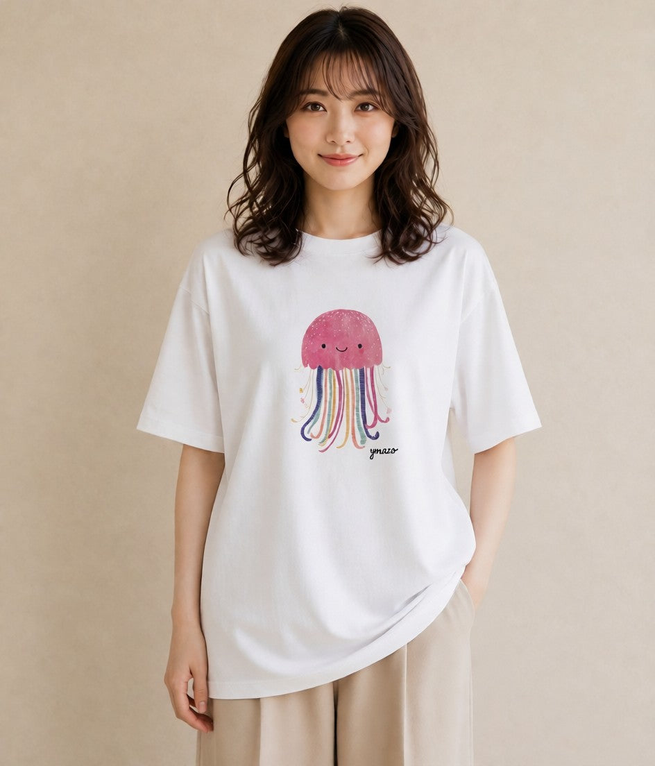 デザインTシャツ レディース くらげ クラゲ 海の生き物 海 イラスト 普段使い ミセス 春コーデ 白T