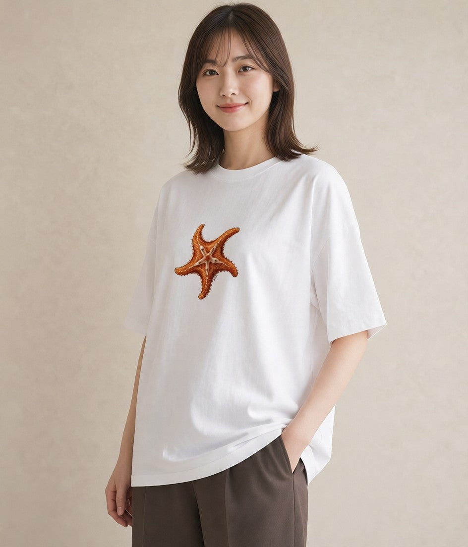 プリントTシャツ レディース ヒトデ 海の生き物 海 イラスト カフェコーデ 敬老の日 ホワイトデー 白T