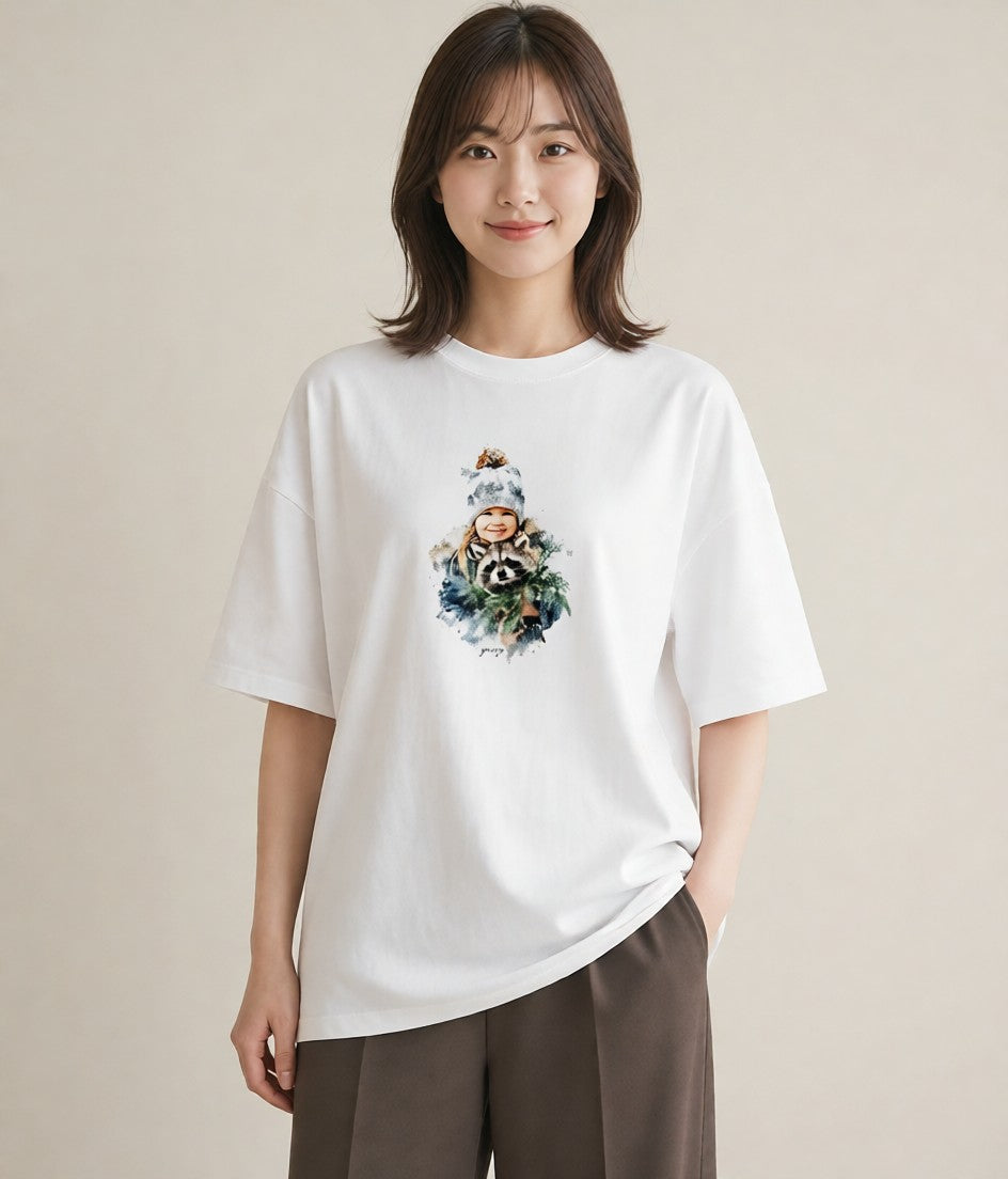 半袖Tシャツ レディース たぬき 動物 アニマル イラスト シック お揃い 親子 白T