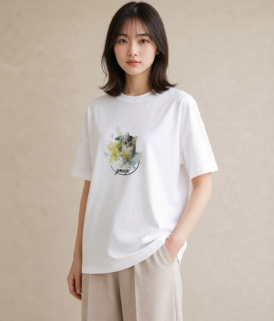 デザインTシャツ レディース 猫の手 猫 ねこ イラスト きれいめ 買い物 夏コーデ 白T