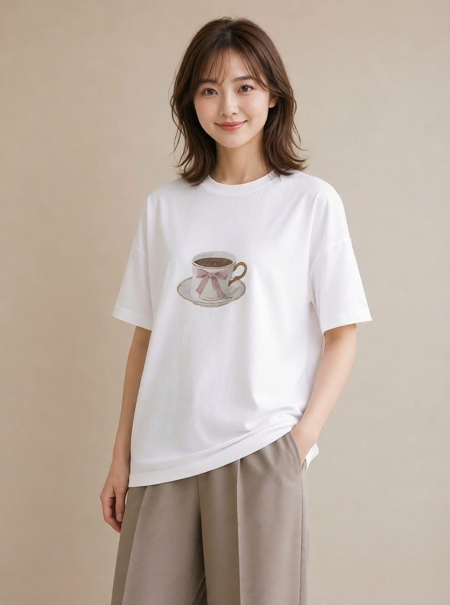 グラフィックTシャツ レディース エスプレッソ 食べ物 フード イラスト ガーリー 海 カフェ巡り 白T