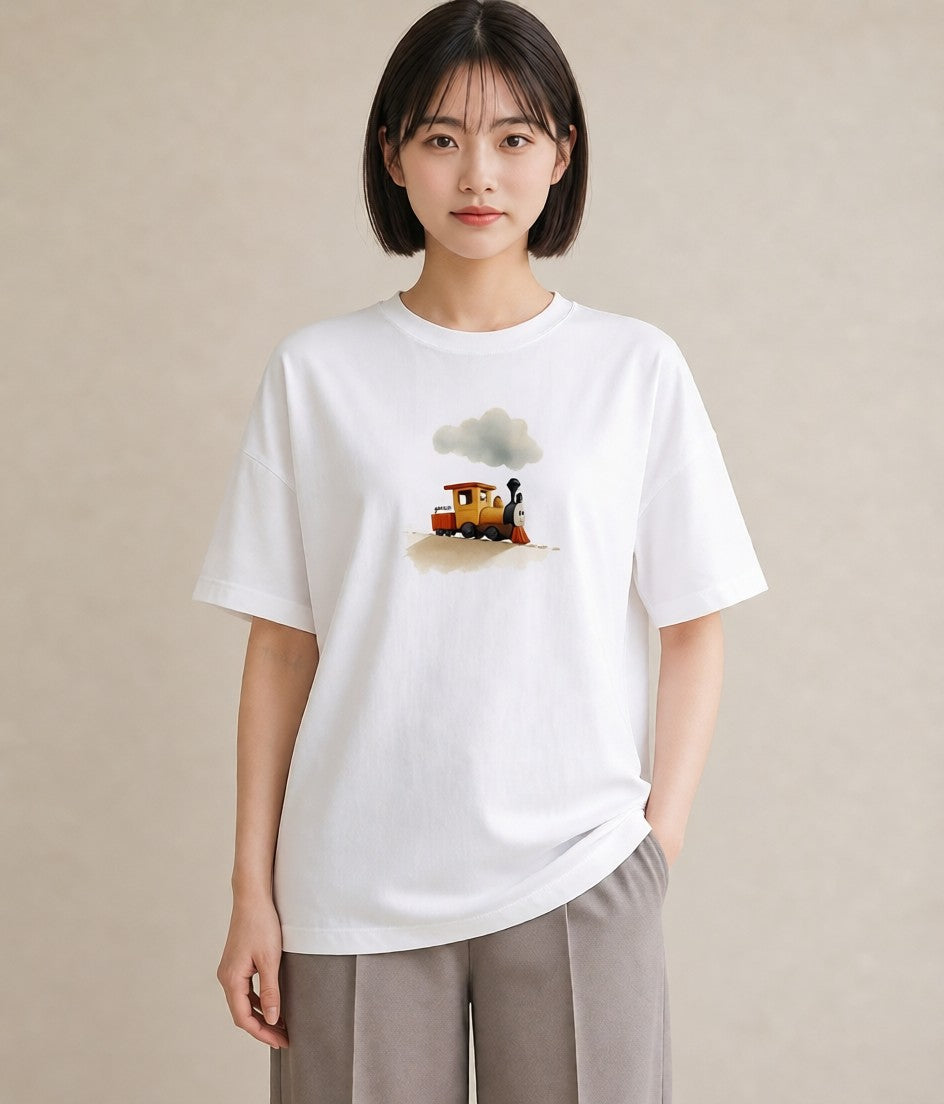 Tシャツ レディース 駅のホーム ローカル線 駅 ナチュラル アンティーク イラスト アート風 公園 ママ 白T