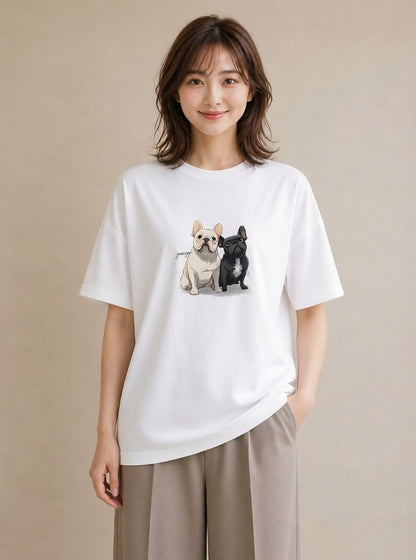グラフィックTシャツ レディース フレンチブルドッグ フレブル 犬 いぬ イラスト 韓国風 カフェ巡り 女子会 白T