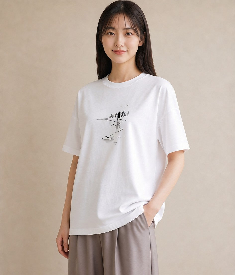 デザインTシャツ レディース 雨上がりの小道 雨上がり 小道 ナチュラル アンティーク イラスト ラフ 旅行 母娘コーデ 白T