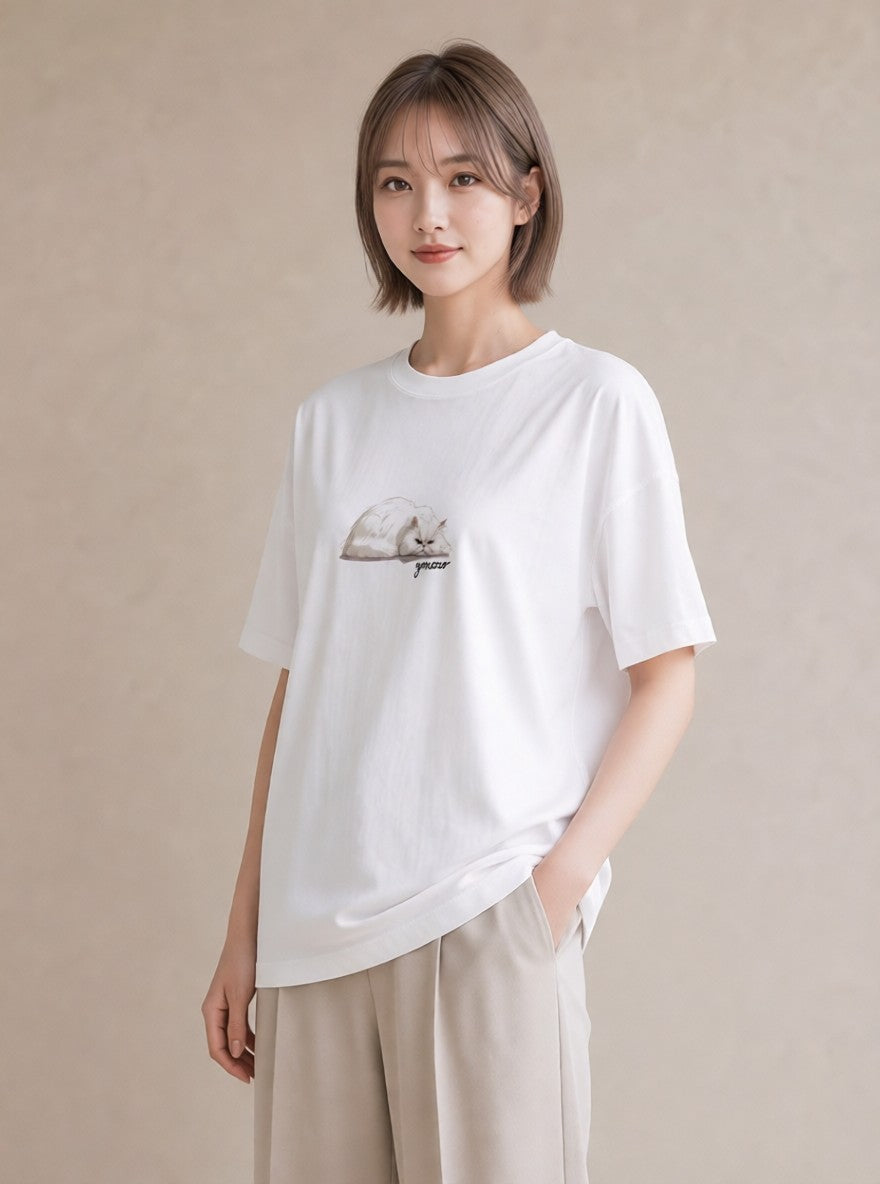 デザインTシャツ レディース スコティッシュフォールド 猫 ねこ イラスト 母の日 ビーチ 白T