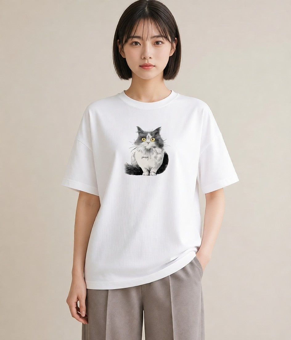 Tシャツ レディース ペルシャ 猫 ねこ イラスト 北欧風 買い物 夏コーデ 白T