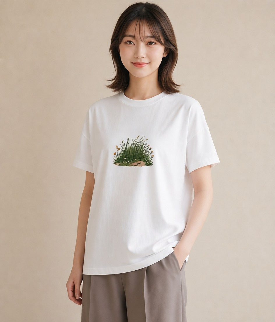 デザインTシャツ レディース 芝生 植物 ボタニカル イラスト カフェ巡り 女子会 白T