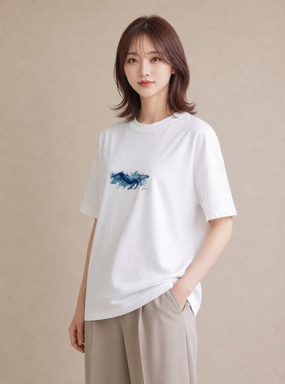 半袖Tシャツ レディース クジラ 海の生き物 海 イラスト ラフ 自分用 ルームウェア 白T