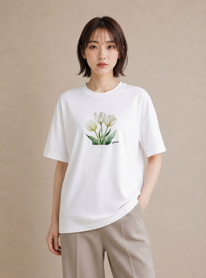 デザインTシャツ レディース チューリップ 花 花柄 イラスト 敬老の日 ホワイトデー 白T